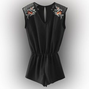 Black V-Neck Romper with Floral Details